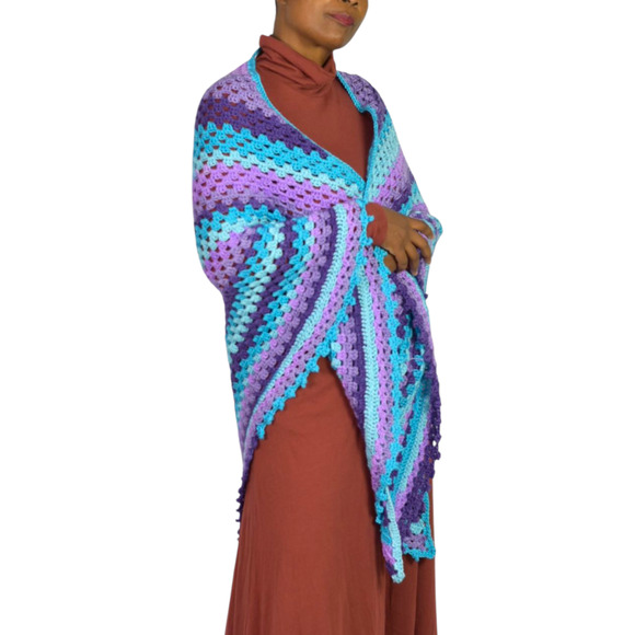 Hand Knit Crochet Shawl Blue Ombre Blanket Wrap Triangle Granny Squares One Size - Picture 6 of 16